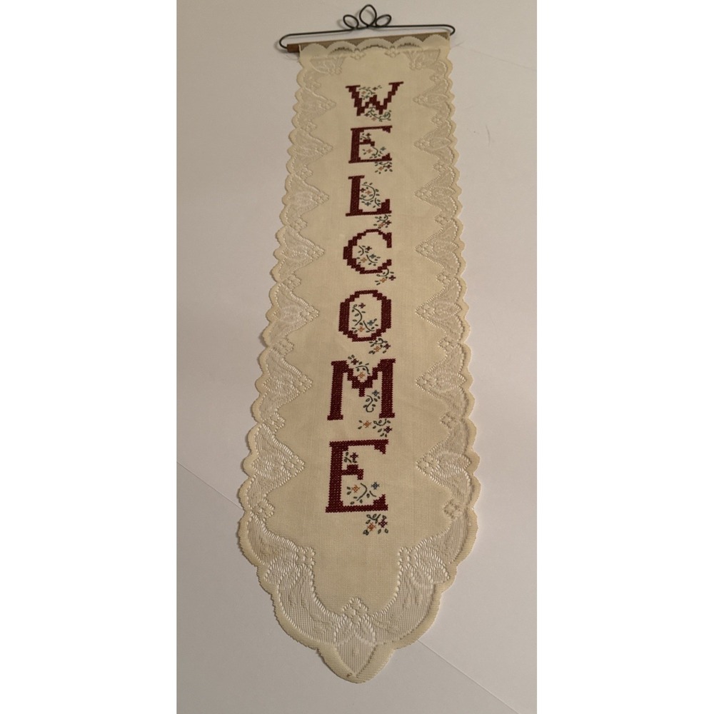 Decor Welcome Wall Hanging Sign Lace Trim Cross Stitch Entryway Decor Cream